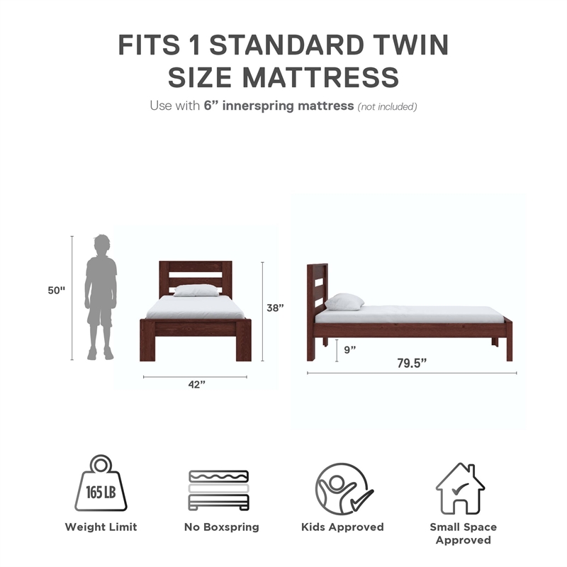 DHP Jaymee Twin Platform Bed Frame in Solid Wood in Nutmeg