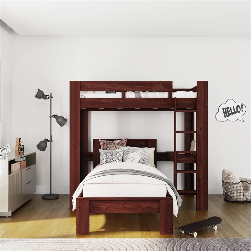 DHP Jaymee L-Shaped Twin/Twin Bunk Bed with Desk in Nutmeg