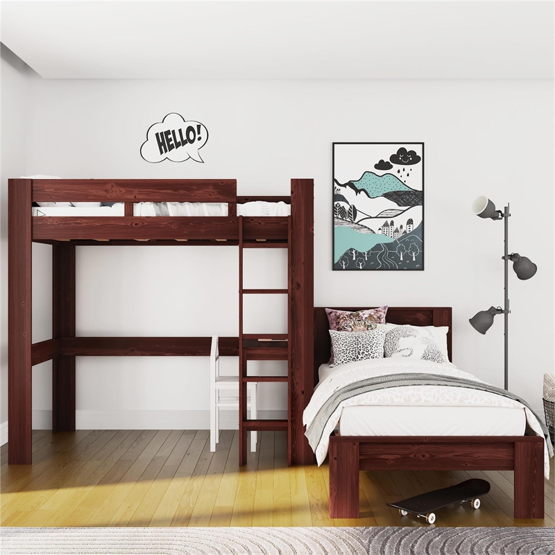 DHP Jaymee L-Shaped Twin/Twin Bunk Bed with Desk in Nutmeg