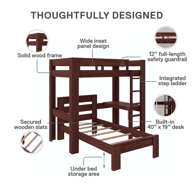DHP Jaymee L-Shaped Twin/Twin Bunk Bed with Desk in Nutmeg