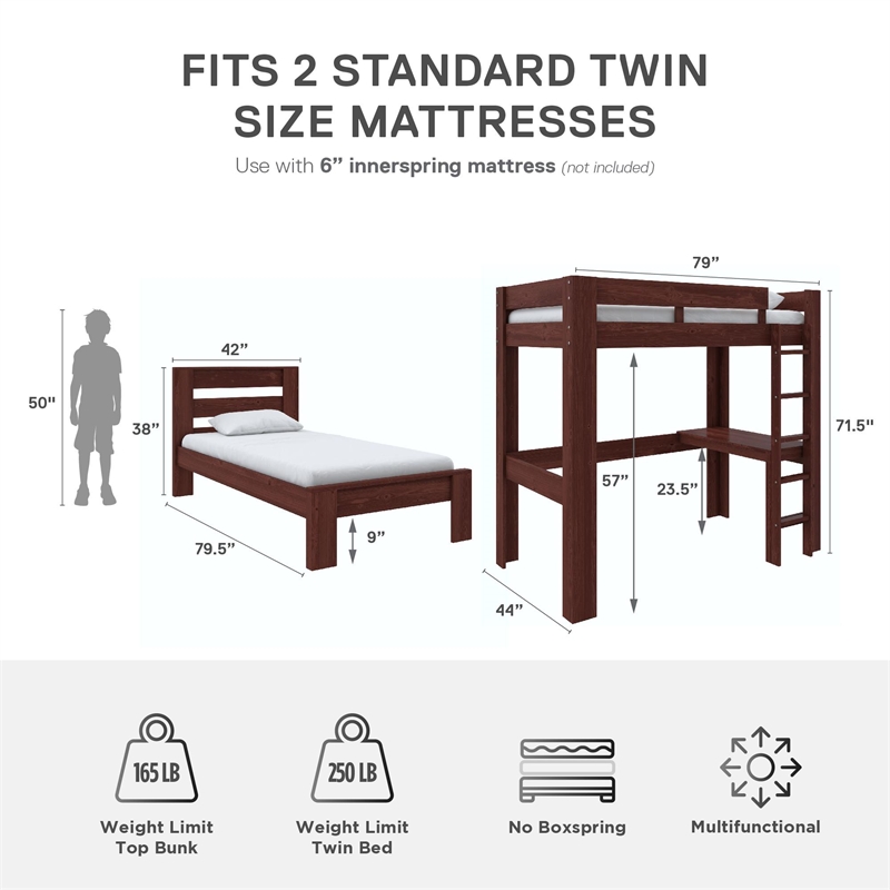 DHP Jaymee L-Shaped Twin/Twin Bunk Bed with Desk in Nutmeg