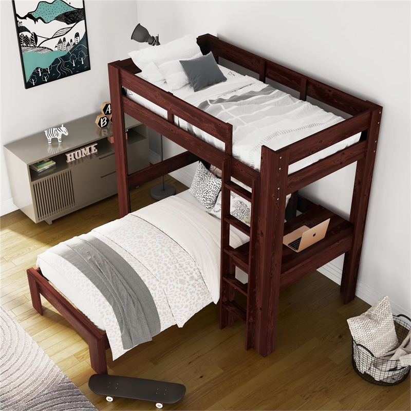 DHP Jaymee L-Shaped Twin/Twin Bunk Bed with Desk in Nutmeg
