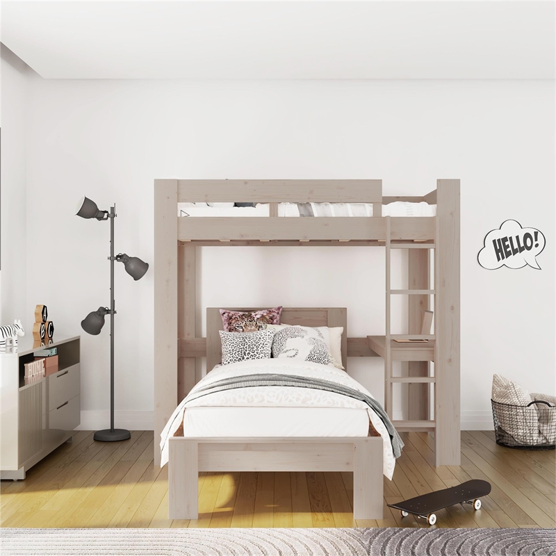 DHP Jaymee L-Shaped Twin/Twin Bunk Bedwith Desk in Sandwashed Gray