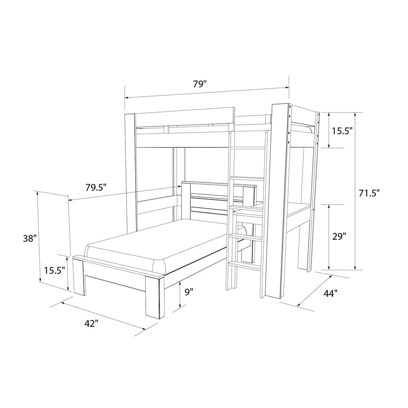 DHP Jaymee L-Shaped Twin/Twin Bunk Bedwith Desk in Sandwashed Gray