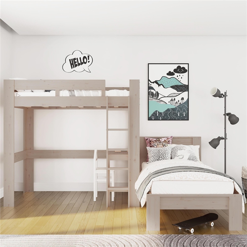 DHP Jaymee L-Shaped Twin/Twin Bunk Bedwith Desk in Sandwashed Gray