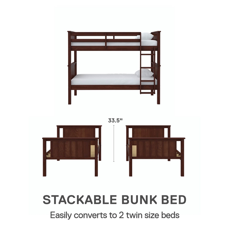 DHP Bailen Twin-over-Twin Convertible Solid Wood Bunk Bed in Nutmeg