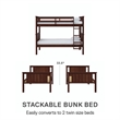 DHP Bailen Twin-over-Twin Convertible Solid Wood Bunk Bed in Nutmeg