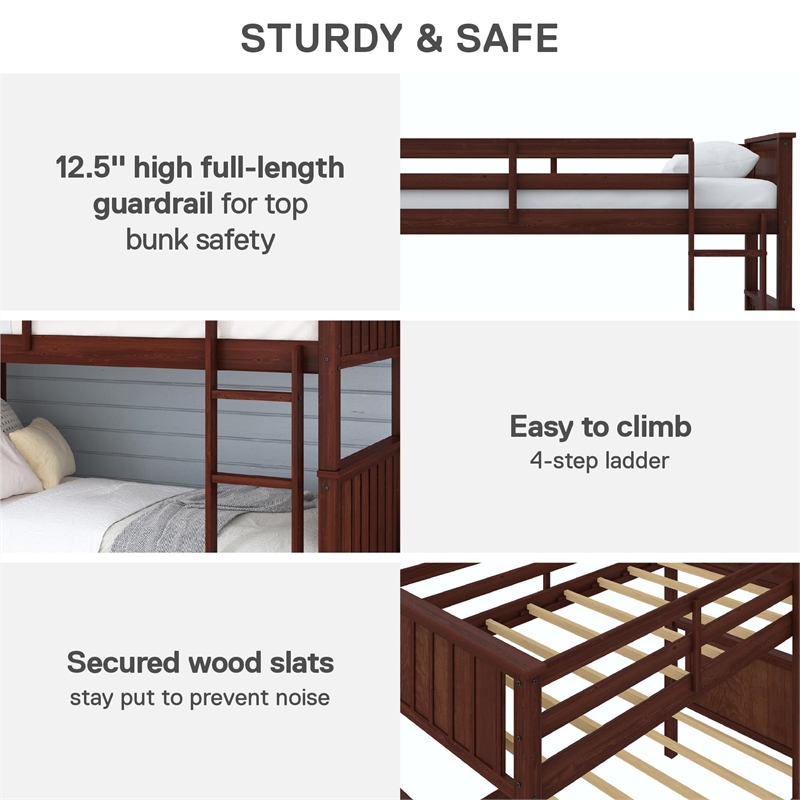 DHP Bailen Twin-over-Twin Convertible Solid Wood Bunk Bed in Nutmeg