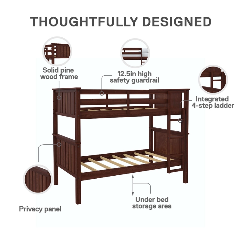 DHP Bailen Twin-over-Twin Convertible Solid Wood Bunk Bed in Nutmeg