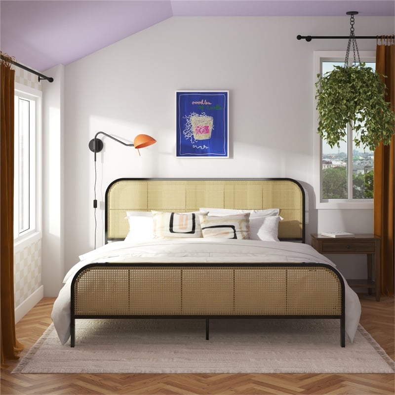 Mr. Kate Roxanne King Metal Platform Bed Frame with Cane Headboard in Black