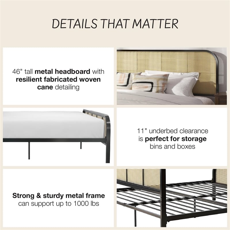 Mr. Kate Roxanne King Metal Platform Bed Frame with Cane Headboard in Black