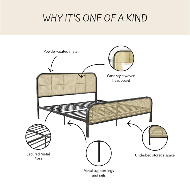 Mr. Kate Roxanne King Metal Platform Bed Frame with Cane Headboard in Black