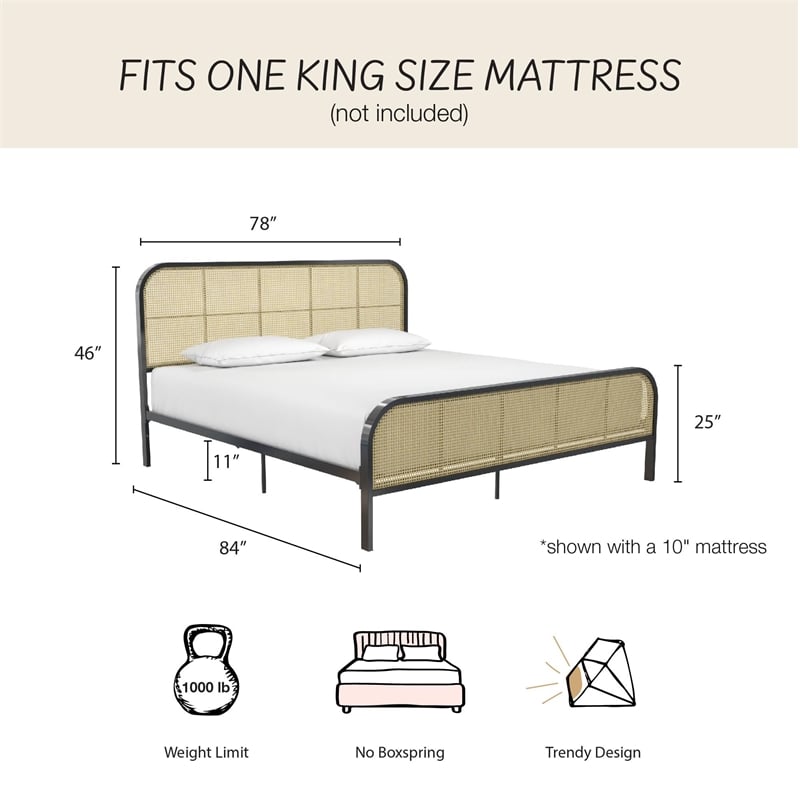 Mr. Kate Roxanne King Metal Platform Bed Frame with Cane Headboard in Black