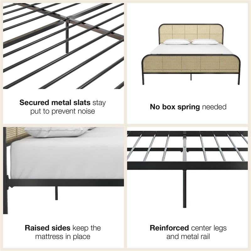 Mr. Kate Roxanne King Metal Platform Bed Frame with Cane Headboard in Black