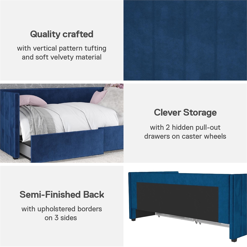 DHP Arliss Modern Glam Tuxedo Daybed with Storage - Twin in Blue Velvet