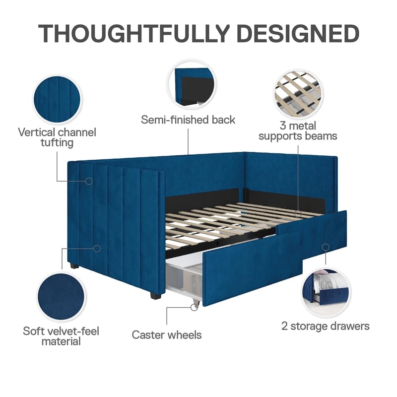 DHP Arliss Modern Glam Tuxedo Daybed with Storage - Twin in Blue Velvet