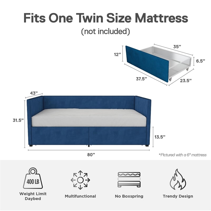 DHP Arliss Modern Glam Tuxedo Daybed with Storage - Twin in Blue Velvet