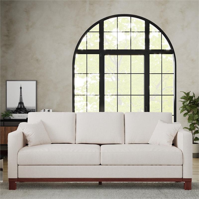 DHP Brooklyn Upholstered Wood Base Sofa w/2 Throw Cushions in Textured Beige