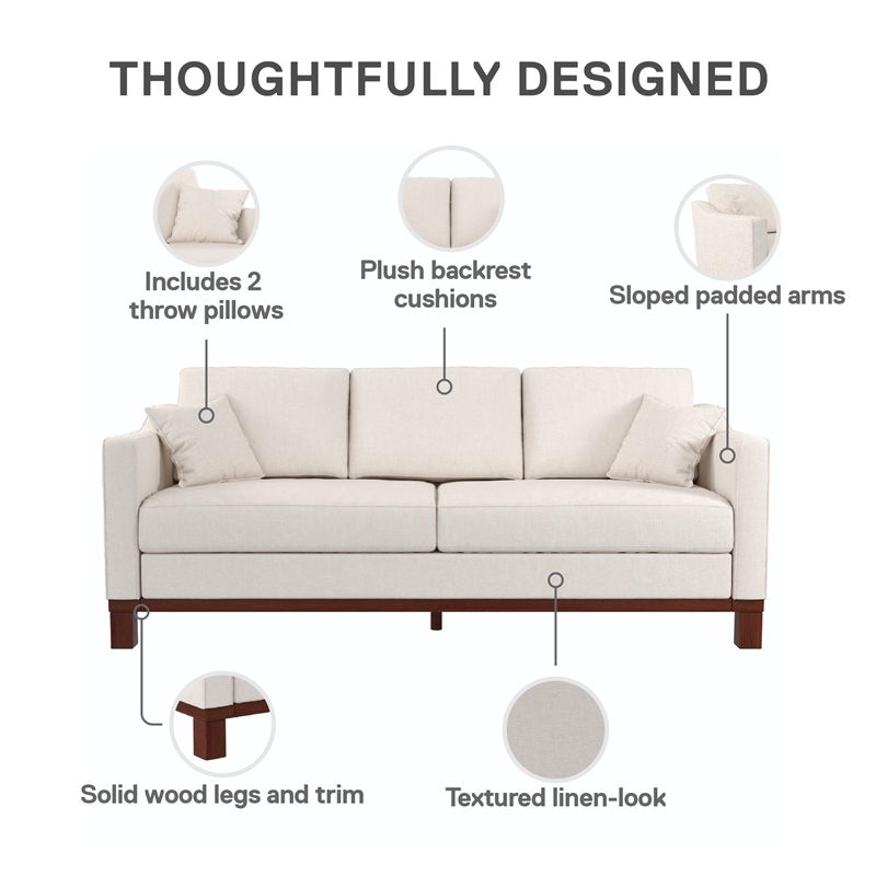 DHP Brooklyn Upholstered Wood Base Sofa w/2 Throw Cushions in Textured Beige