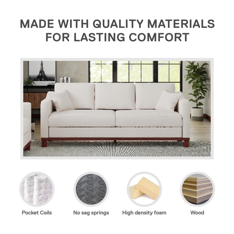 DHP Brooklyn Upholstered Wood Base Sofa w/2 Throw Cushions in Textured Beige