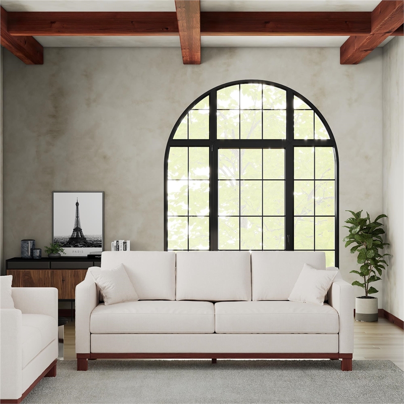 DHP Brooklyn Upholstered Wood Base Sofa w/2 Throw Cushions in Textured Beige