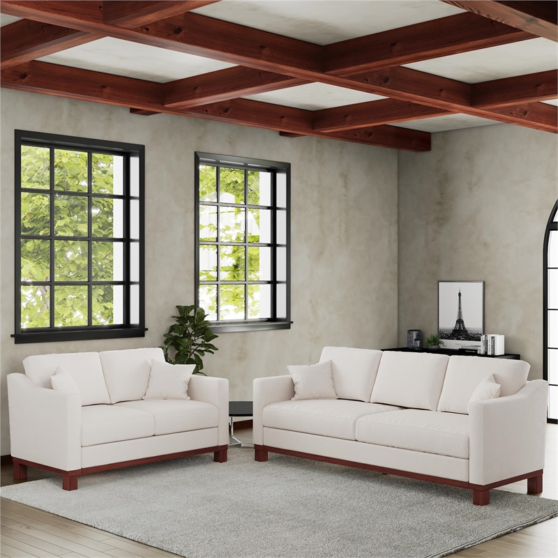 DHP Brooklyn Upholstered Wood Base Sofa w/2 Throw Cushions in Textured Beige