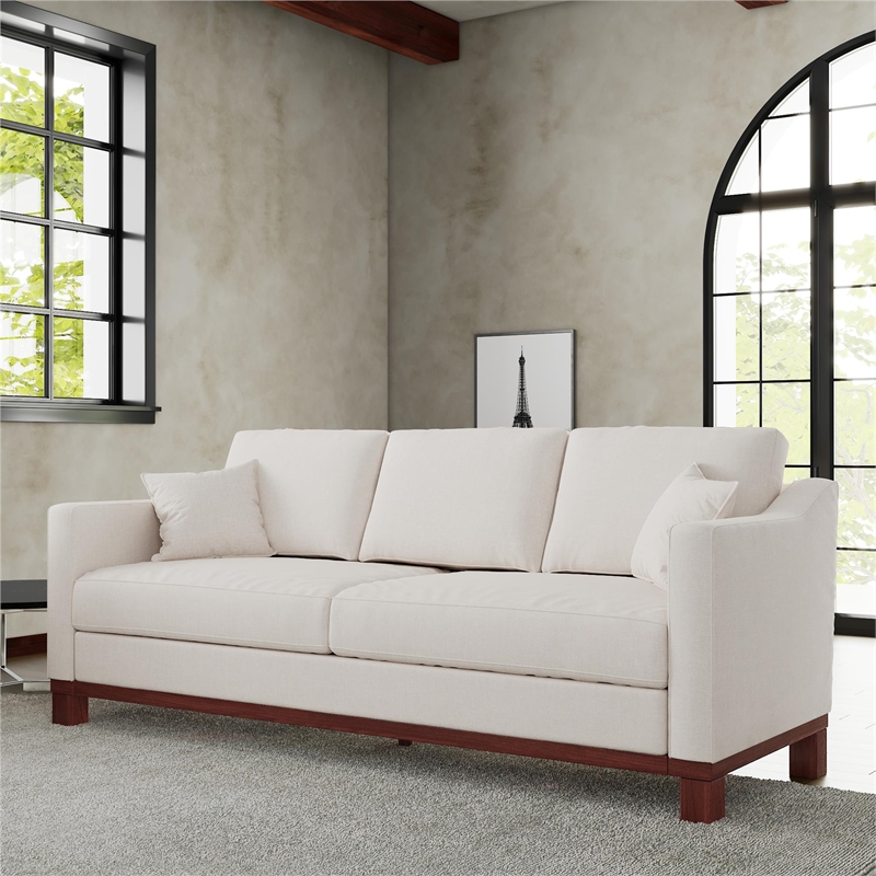 DHP Brooklyn Upholstered Wood Base Sofa w/2 Throw Cushions in Textured Beige