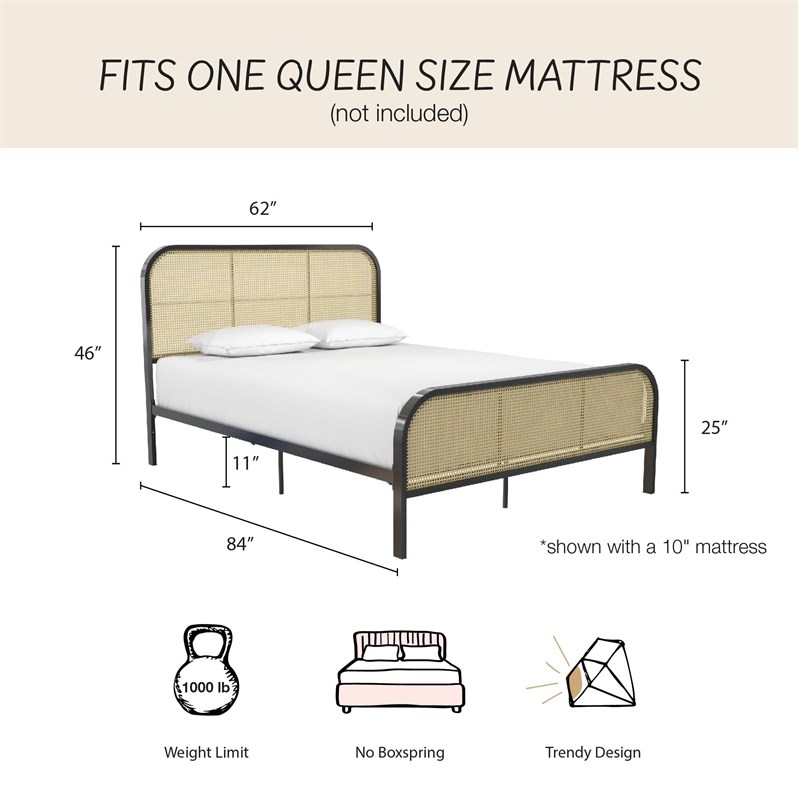 Mr. Kate Roxanne Queen Metal Platform Bed Frame w/Cane Headboard in Black