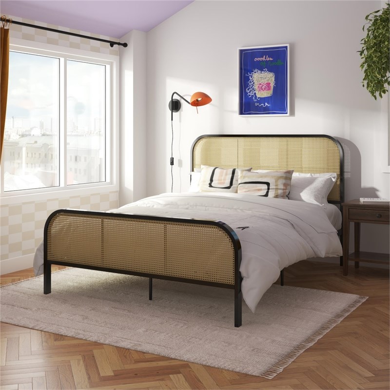 Mr. Kate Roxanne Queen Metal Platform Bed Frame w/Cane Headboard in Black