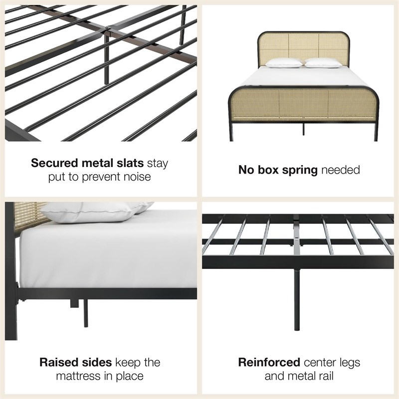 Mr. Kate Roxanne Queen Metal Platform Bed Frame w/Cane Headboard in Black