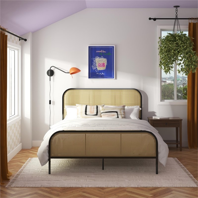 Mr. Kate Roxanne Queen Metal Platform Bed Frame w/Cane Headboard in Black