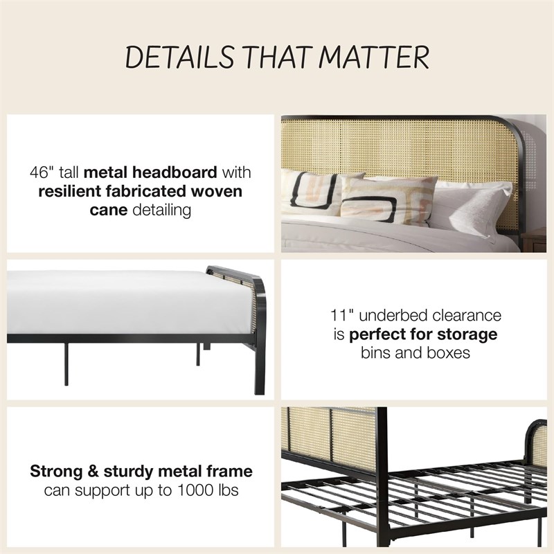 Mr. Kate Roxanne Queen Metal Platform Bed Frame w/Cane Headboard in Black