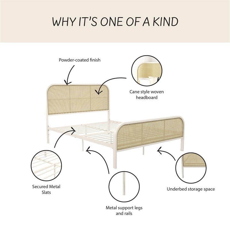 Mr. Kate Roxanne Queen Metal Platform Bed Frame w/Cane Headboard in Parchment