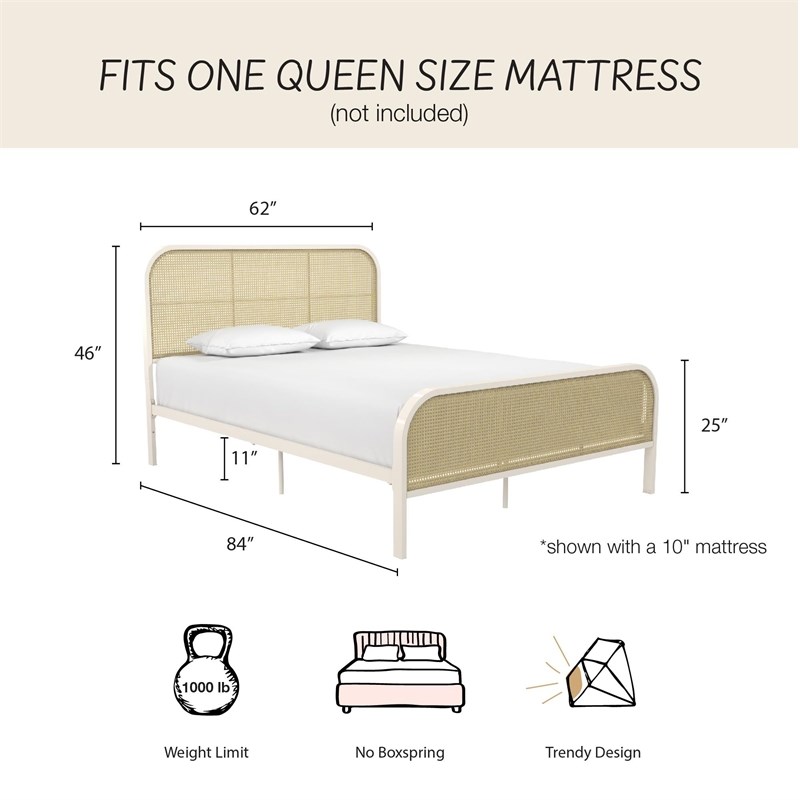 Mr. Kate Roxanne Queen Metal Platform Bed Frame w/Cane Headboard in Parchment