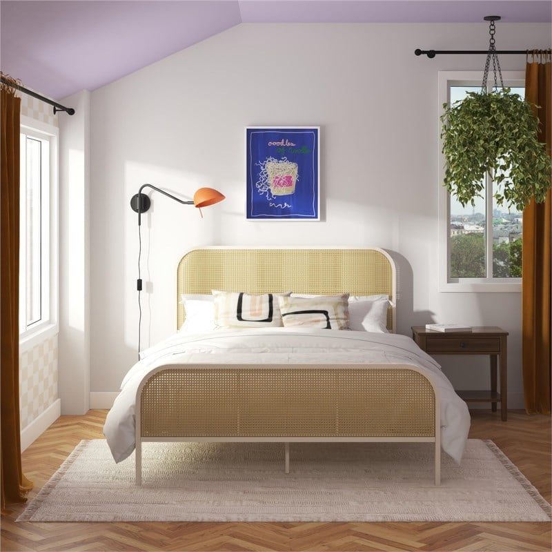 Mr. Kate Roxanne Queen Metal Platform Bed Frame w/Cane Headboard in Parchment