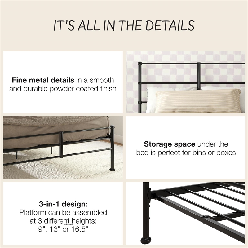 Mr. Kate MacKenzie Full Metal Platform Bed Frame w/3 Adjustable Heights - Black