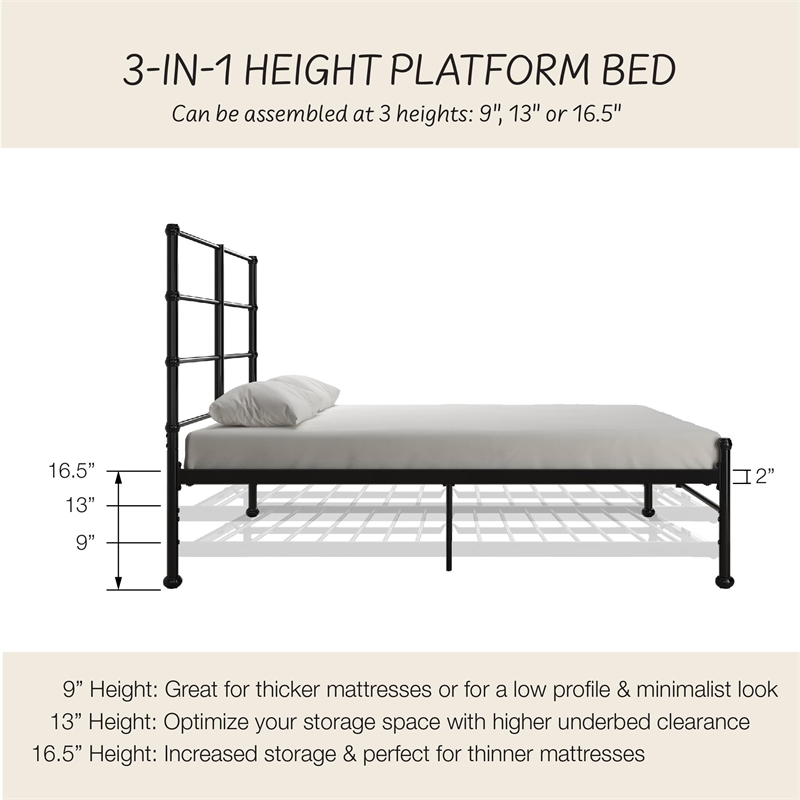 Mr. Kate MacKenzie Full Metal Platform Bed Frame w/3 Adjustable Heights - Black