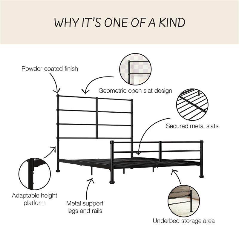 Mr. Kate MacKenzie Full Metal Platform Bed Frame w/3 Adjustable Heights - Black