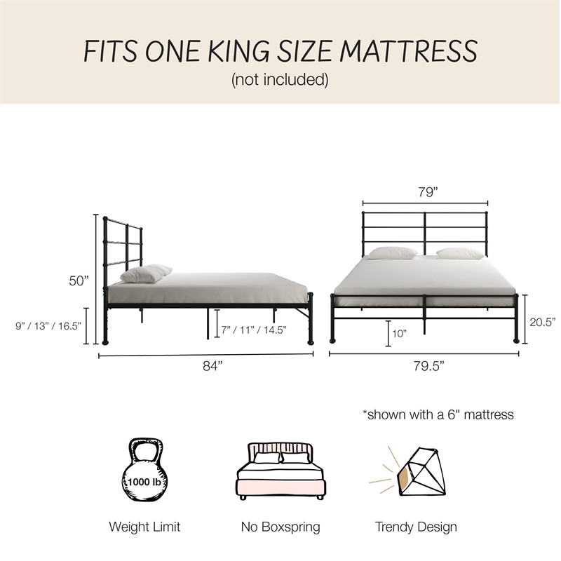 Mr. Kate MacKenzie King Metal Platform Bed Frame w/3 Adjustable Heights - Black