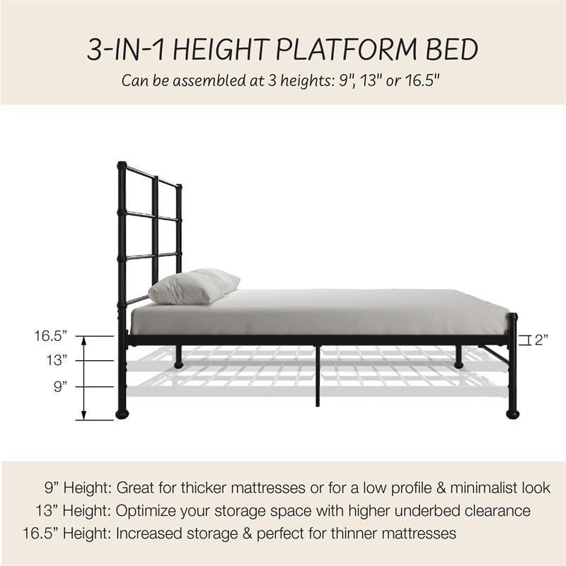 Mr. Kate MacKenzie King Metal Platform Bed Frame w/3 Adjustable Heights - Black