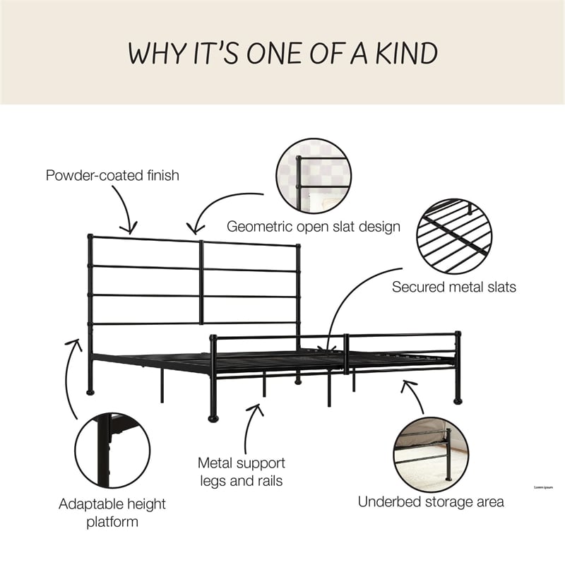 Mr. Kate MacKenzie King Metal Platform Bed Frame w/3 Adjustable Heights - Black