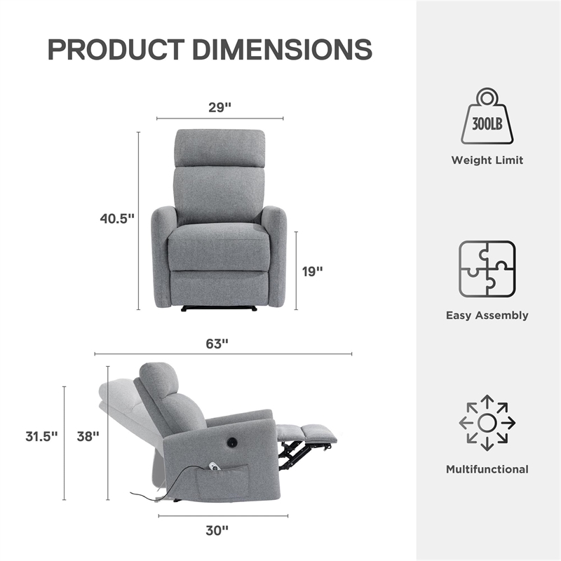 DHP Kai Power Recliner with 8 Zone Massage and Lumbar Heat in Dark Gray Linen