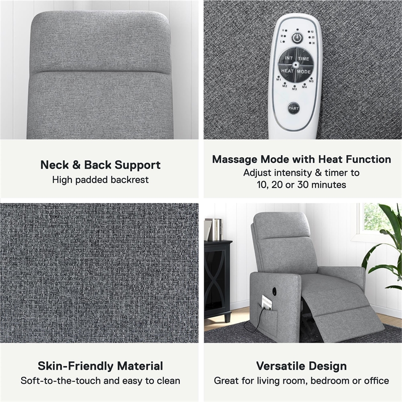 DHP Kai Power Recliner with 8 Zone Massage and Lumbar Heat in Dark Gray Linen