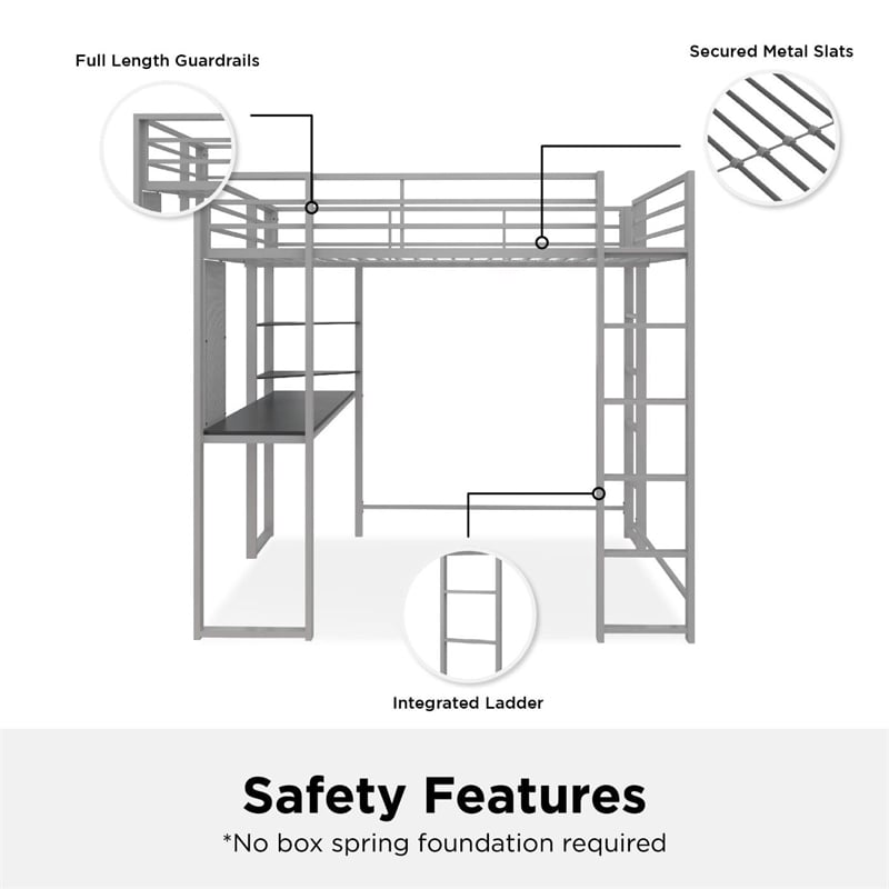 DHP Abode Metal Full Loft Bed in Silver with Desk