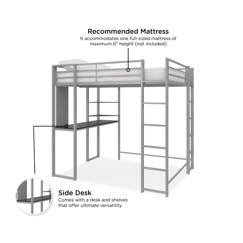 DHP Abode Metal Full Loft Bed in Silver with Desk