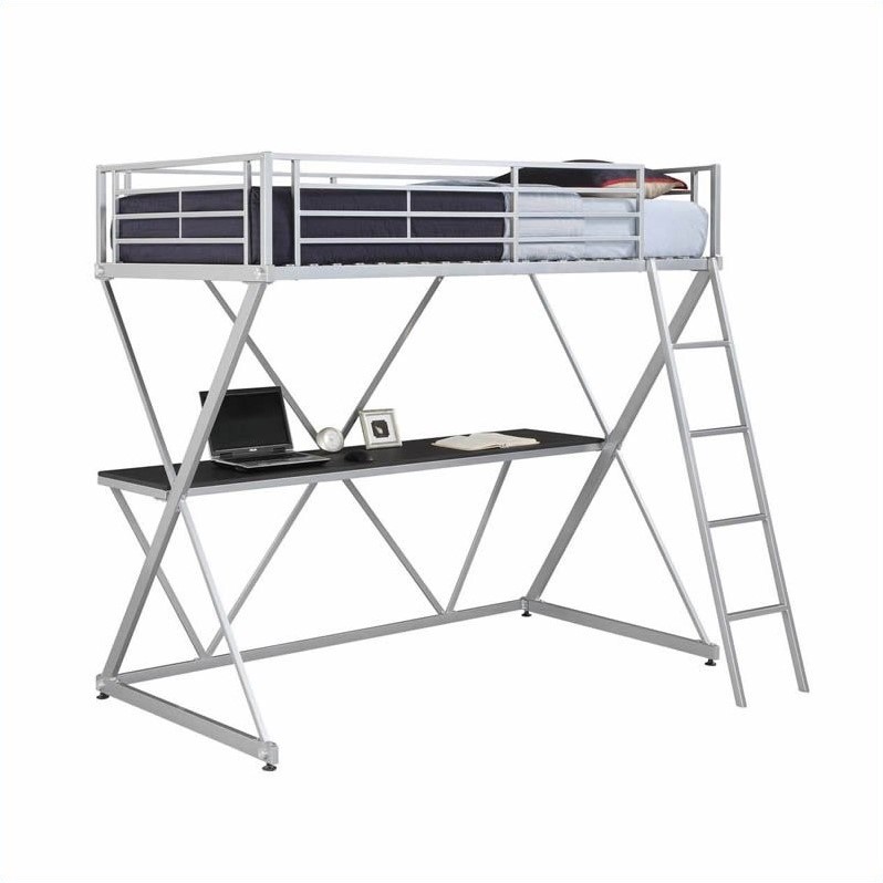 DHP X Shaped Metal Twin Loft Bed with Desk in Silver Cymax Business