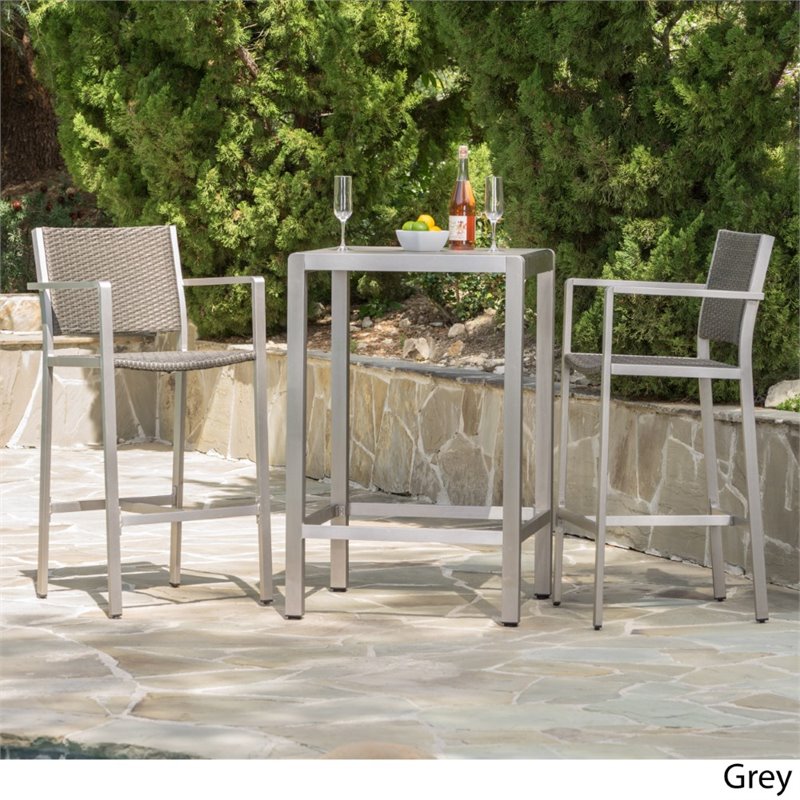 Noble House Cape Coral Outdoor 3 Piece Glass Top Bar Set in Gray Cymax Business