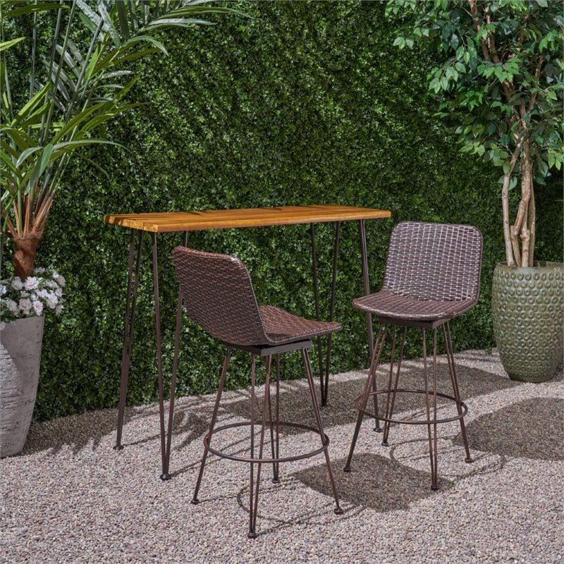 Noble House Penley Outdoor 3 Piece Acacia Wood Bar Set in Teak and Rustic Metal