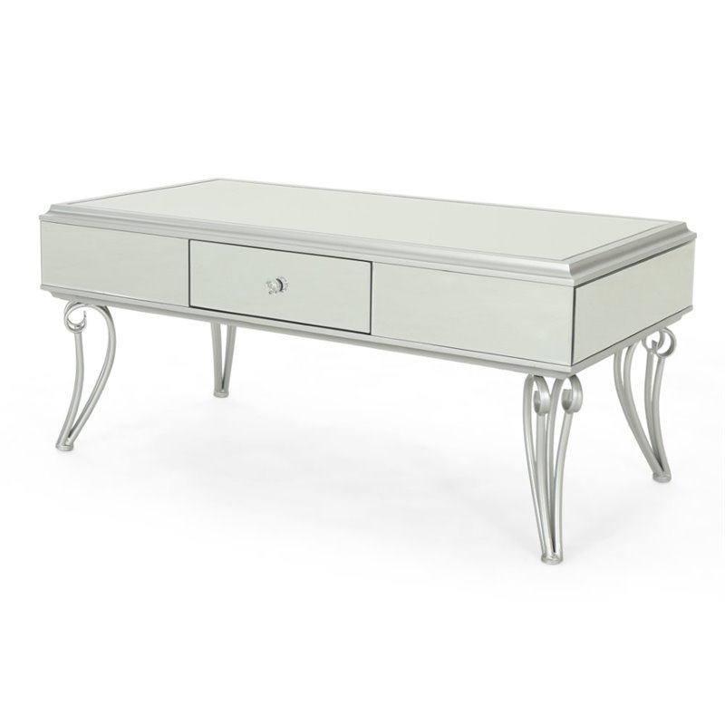 Noble House Belvidere Modern Mirrored Coffee Table With Drawer In Silver 307439 Noble House Belvidere Modern Mirrored, Contemporary Silver Mirrored Coffee Table