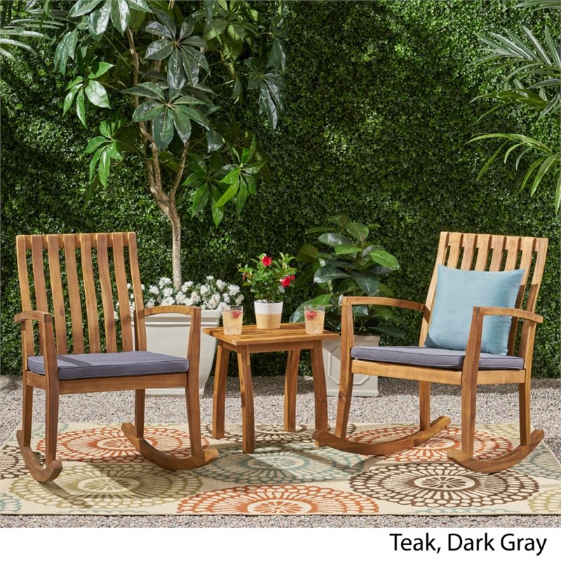 Colmena Outdoor 2 Seater Rocking Chair Set With Side Table Teak And Dark Gray, Teak Outdoor Furniture Conversation Sets